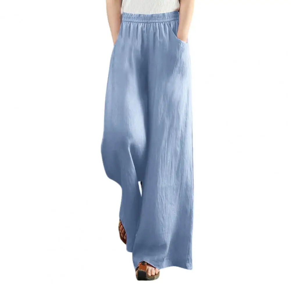 

Summer Cotton Linen Pants for Women High Waist Elastic Waistband Slant Pockets Women Pants Straight Wide Leg Pants Lady Clothing