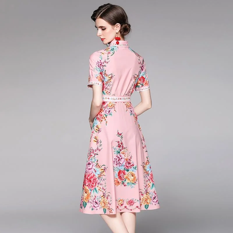 Женская футболка-поло с коротким рукавом и цветочным принтом до колена