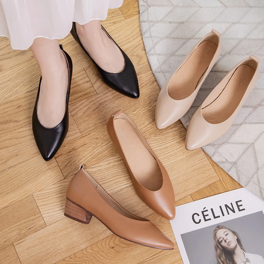 

Withered Fashion Elegant Ladies Simple Wooden Slip-On Loafers Women Square Heel Leather Shoes
