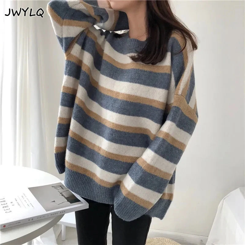 

Korean O-neck Stripe Long Sleeves Preppy Style Pullover Sweater Women Simple Loose Oversize Knitted Sweater Casual Warm Sweater
