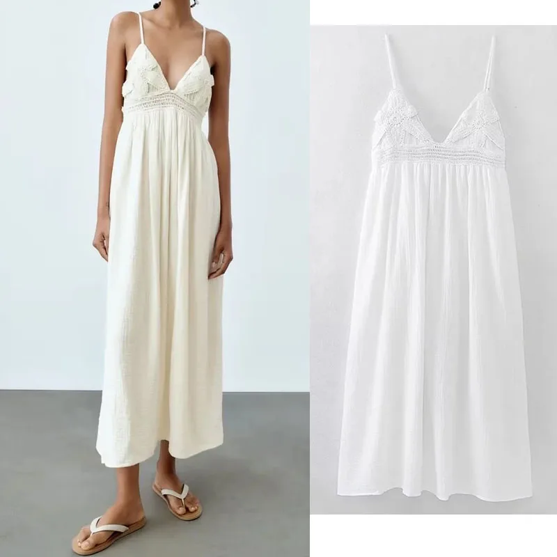 

TRAF White Crochet Midi Dresses For Women Summer V-Neckline Female Dress Sexy Backless Long Dress Elegant And Pretty Party Dress
