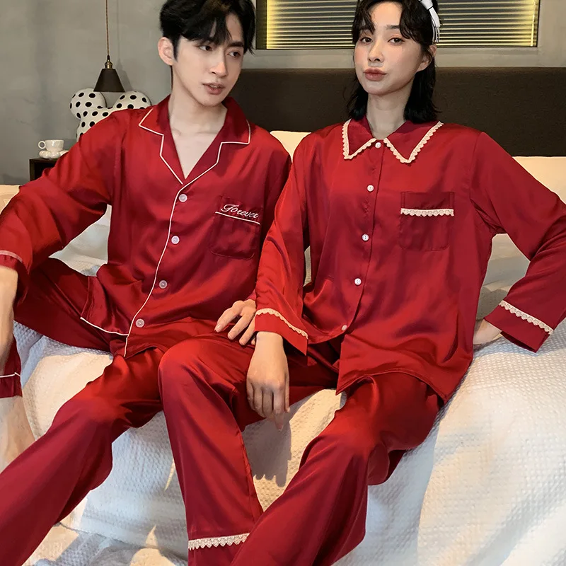 Осенняя Повседневная парная атласная рубашка с длинным рукавом и брюки пижамный
