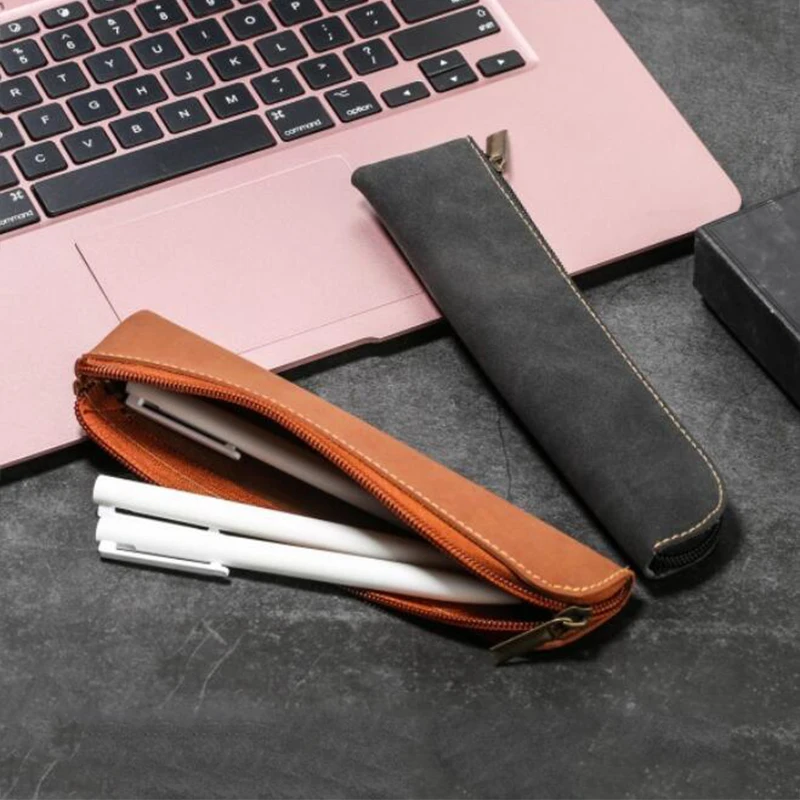 Bag Pu Leather Pen Sleeve Protective Cover  Zipper Pencil Pouch Pen Holder Student School Office Supplies