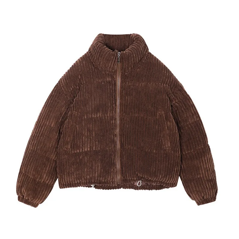 Zipper Stand Collar Short Parkas Chic Loose Bread Outerwear Corduroy Jacket Solid Color Women Winter Warm Cotton Padded Coat