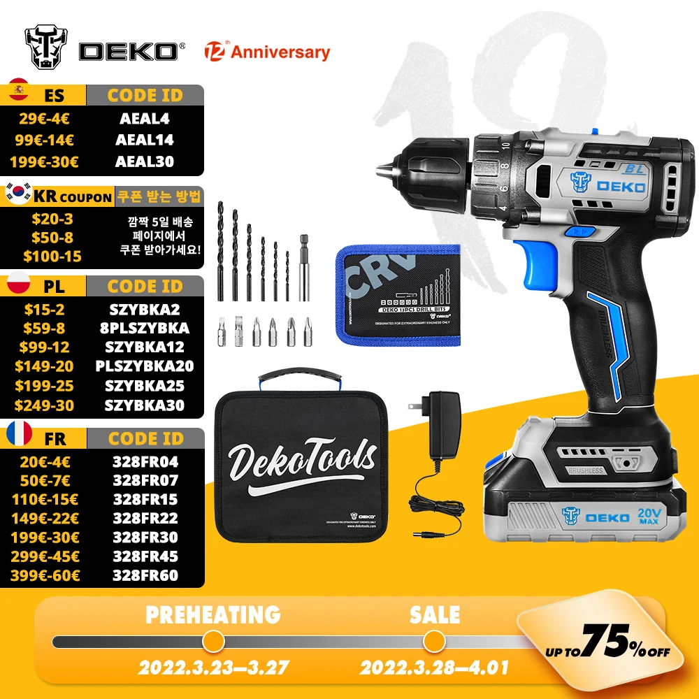 

DEKO 20V MAX Brushless Cordless Drill 42N.m Electric Screwdriver,18+1 Torque Settings,2-Speeds Power Tools(DKBL20DU3)