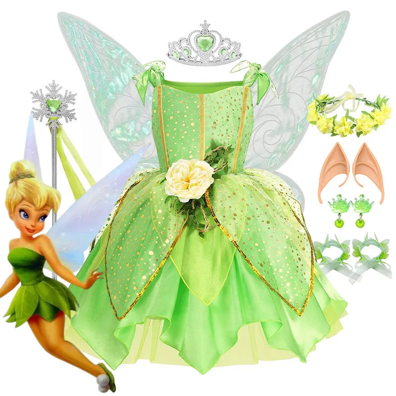 Fairy Tinker Bell Dress for Girls Princess Costume Kids Cosplay Green Flower Fairy Elf Wings TinkerBell Carnival Party Clothes