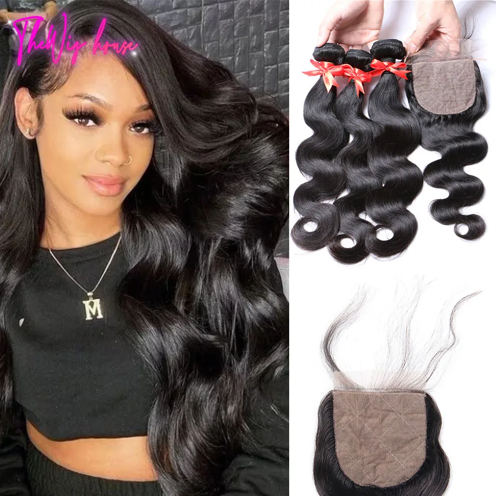 

Wave Closure And Bundles Remy Hair 3/4 Weft Bundles With Closure Brazilian Body Wave Wig With 4x4 Silk Base Closure Human Hair