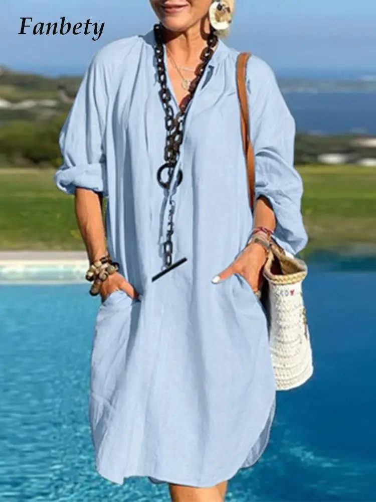 

Casual Pocket Scalloped Hem Beach Loose Dress Women V Neck Cotton Linen Split Mini Dress Spring Long Sleeves Solid Shirt Dress
