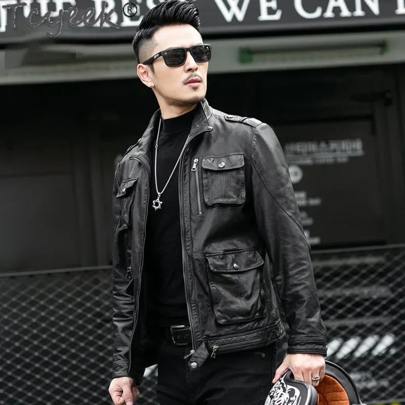 Tcyeek мужские дубленки из натуральной овчины винтажные куртки кожи