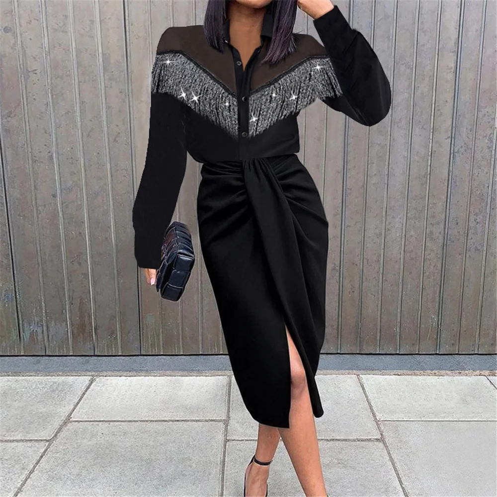 

Dress Commuter Fringed Decorative Shirt Office Dress European American Fashion Long Sleeve Party Dresses Spring Female Clothing