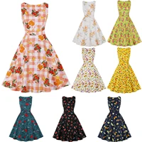 womens audrey hepburn style vintage o neck sleeveless floral print swing 1950s cotton dress high quality retro party dresses