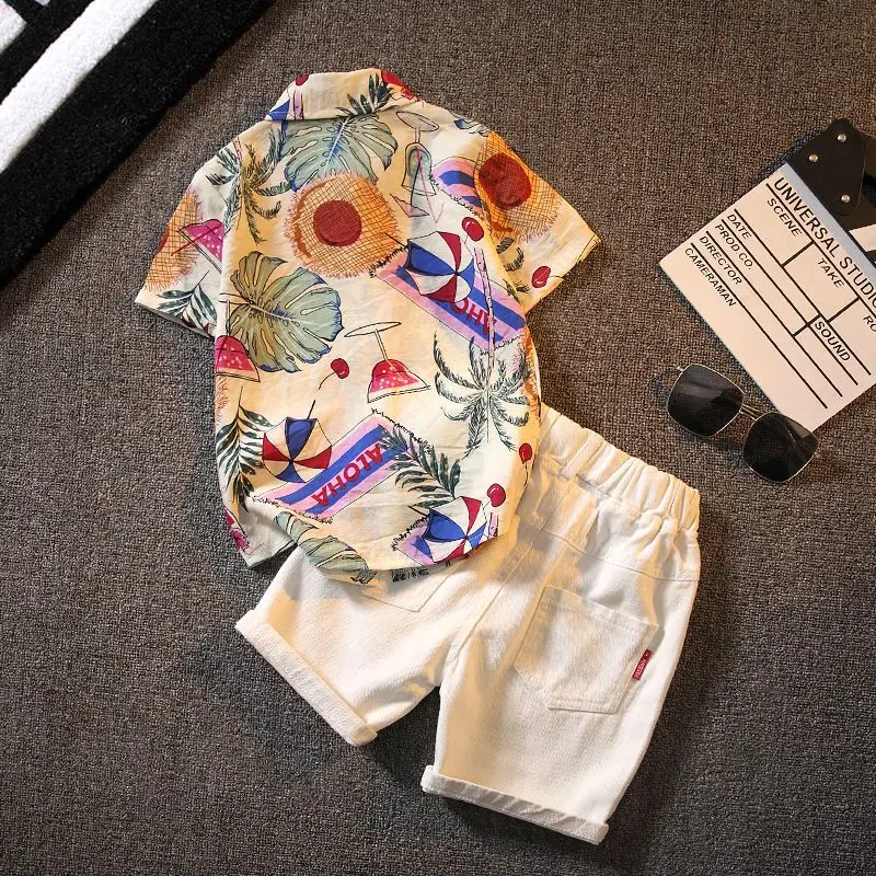 Boys' Short Sleeve Printed Shirt Children's Shirt Thin Baby Suit Summer Medium and Big Children Western Style Top