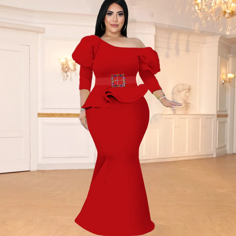 

Two Piece Sets Women Summer Green Sexy One Shoulder Lantern Long Sleeve Ruffle Top Long Maxi Skirt With Belt 2022