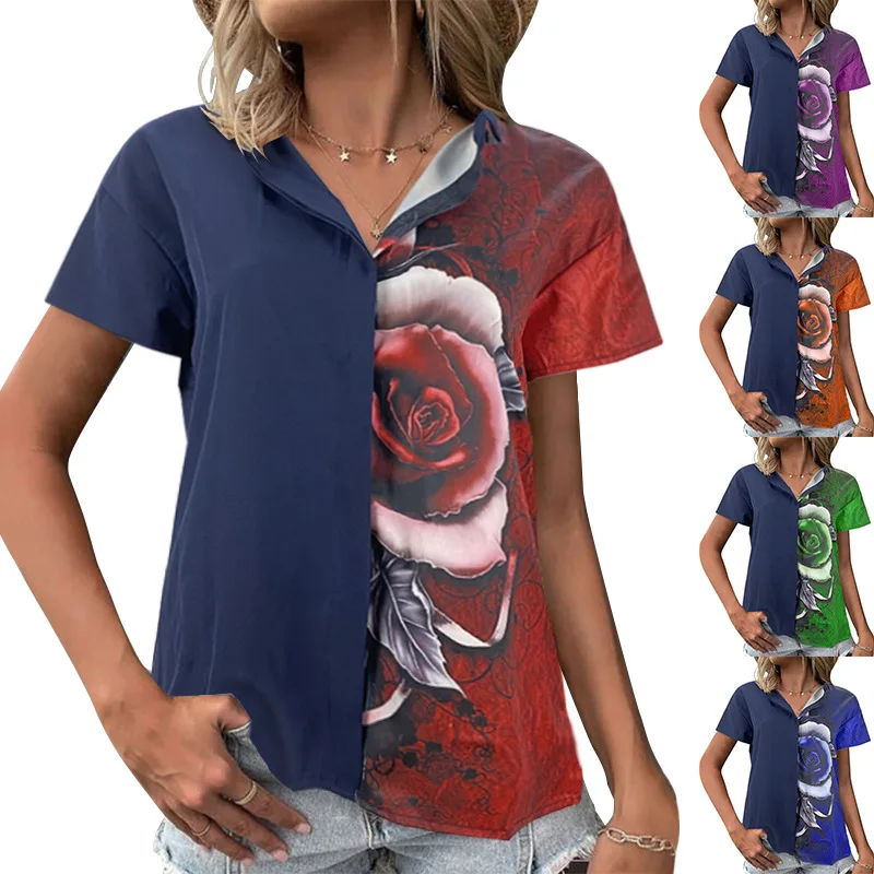Summer Chiffon Blouse Patchwork Tops Women Turn Down Collar Short Sleeve Loose Rose Flower Print Blouse Shirts