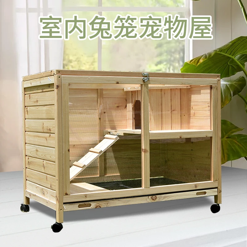 

Cage rabbit cage chinchilla hamster pet indoor solid wood waterproof and urine-proof gray wheeled mobile