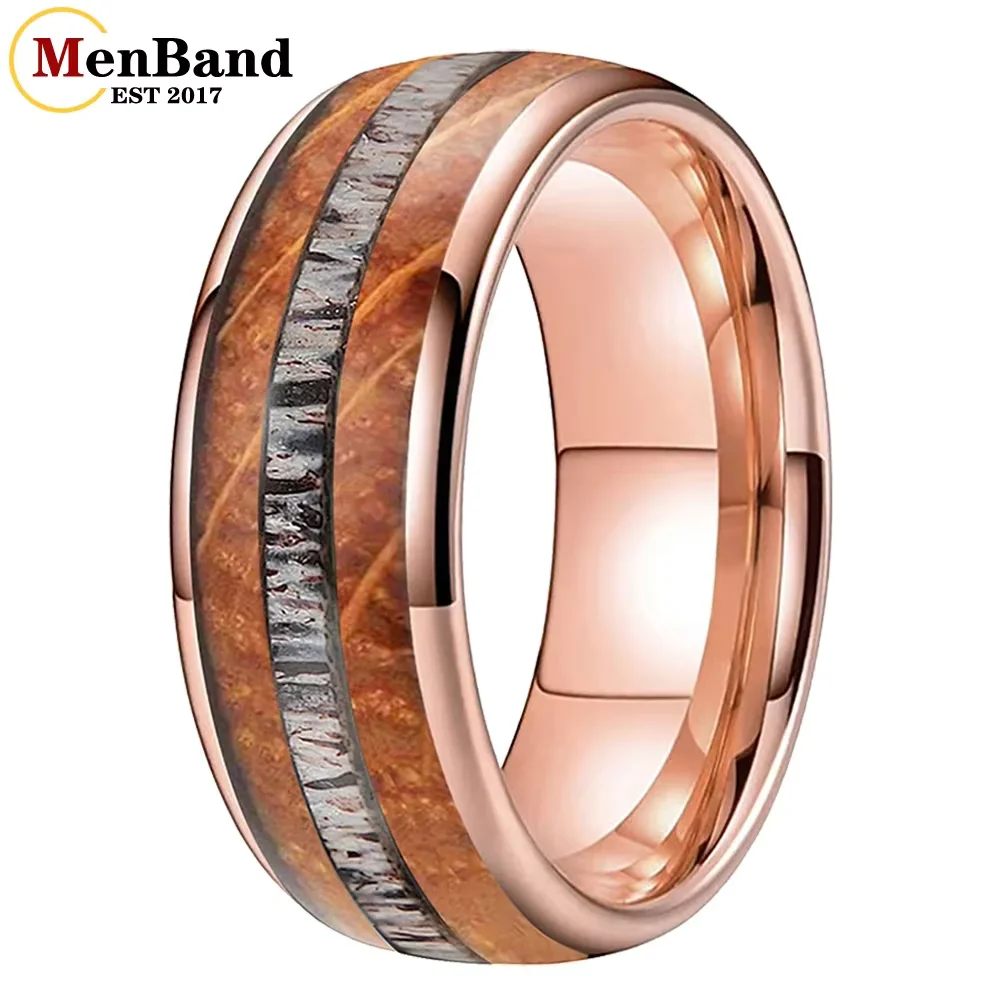 Фото Мужское и женское обручальное кольцо MenBand Fashion 8 мм из карбида вольфрама с инкрустацией из дубовой древесины и оленьего рога, куполообразное, комфортная посадка