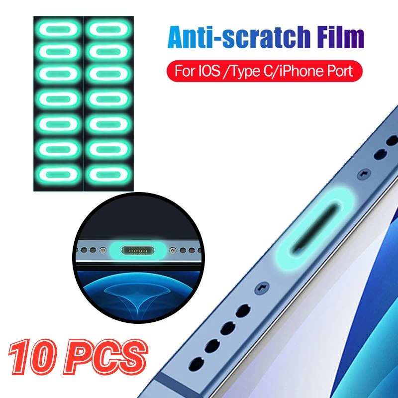 

10Pcs Anti-scratch Luminous Mobile Phone Charging Port Sticker Film for iPhone 11 13 12Pro XR Xs 8 7 Plus Charging Protect Film