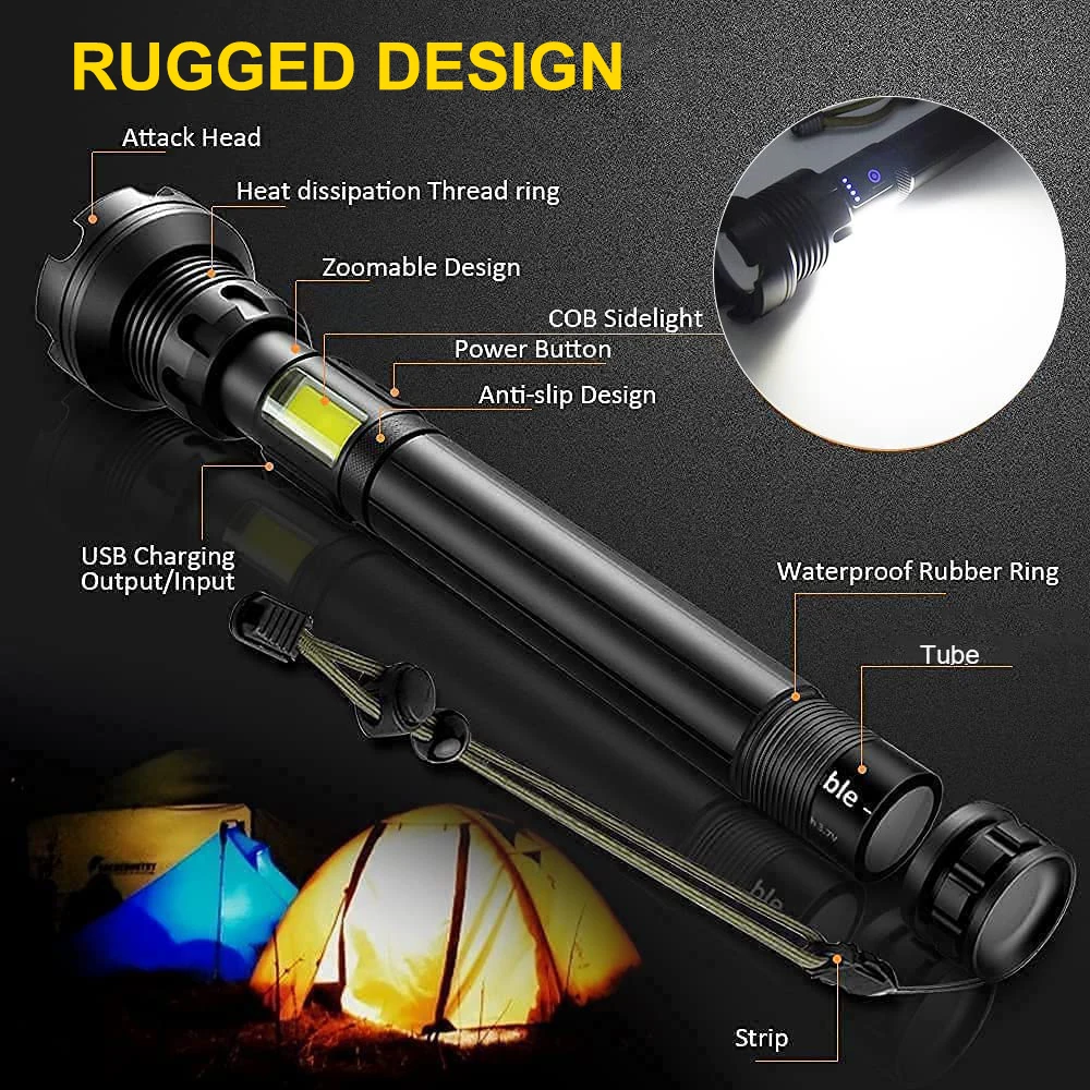 90000 Lumens LED Tactical Flashlight Rechargeable XHP90 USB Zoomable 7Modes Super Bright Floodlight Spotlight Torch Light enlarge