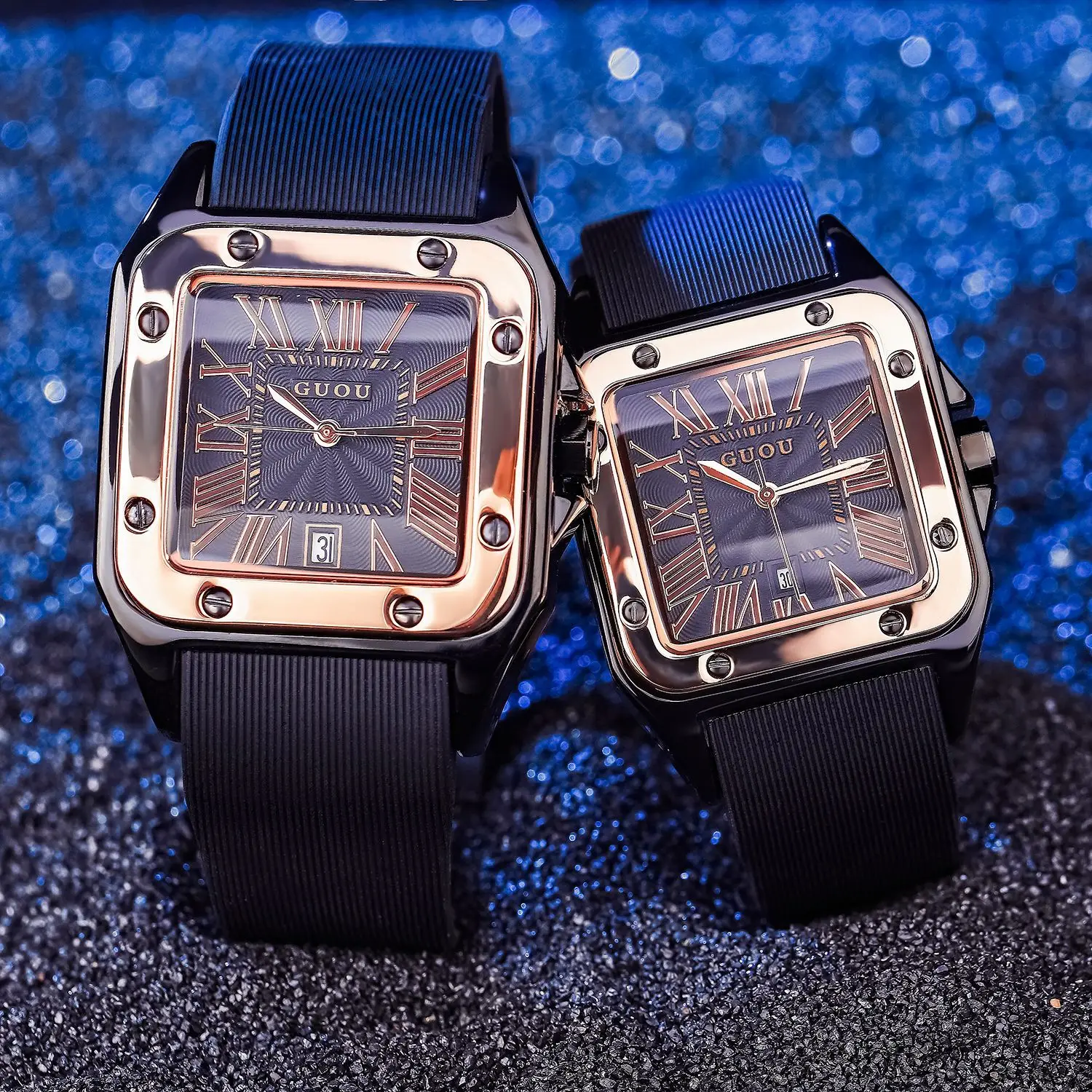 Couples Square Quartz Retro Roma Dial Casual Wrist Watches Rubber Strap Fashionable Clock Waterproof Wristwatch for Women