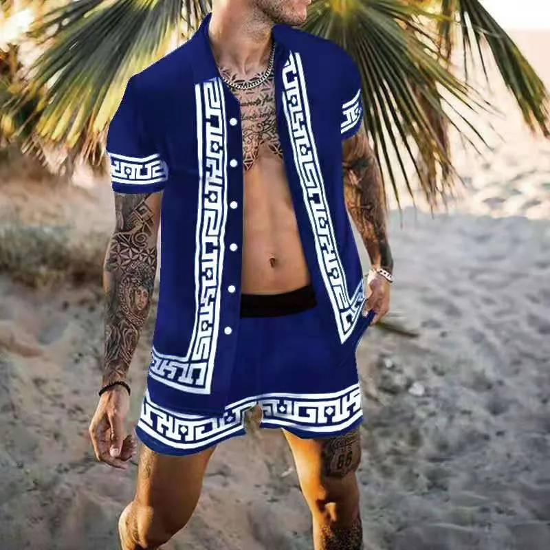 

2022 New Men Short Sleeve Hawaiian Shirt And Shorts Sets Summer Print Casual Beach Two Piece Suit Fashion Clothes