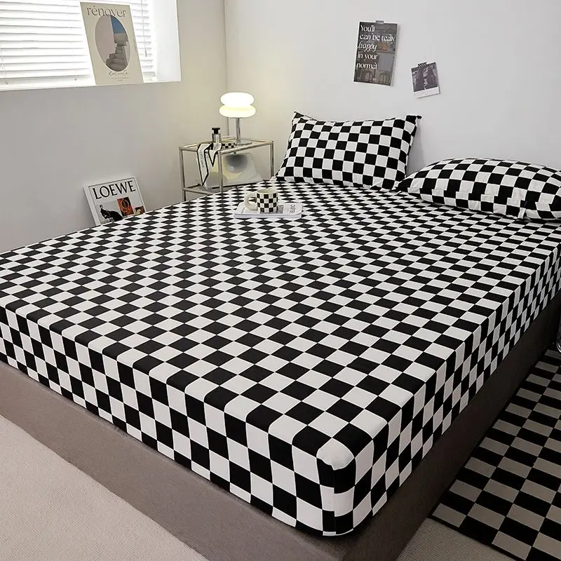 

Four Seasons Universal Anti-slip Fitted Sheet Single Double Black White Plaid Mattress Cover 2023 New Style Skin-friendly Fabric