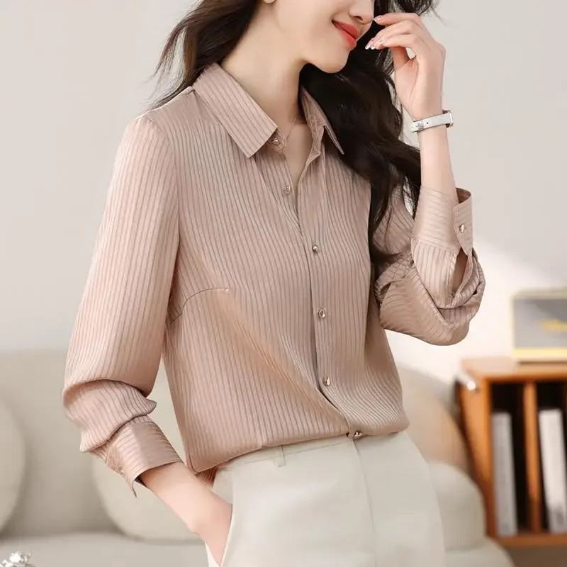 Модная высококачественная шелковая полосатая рубашка женская с длинным рукавом