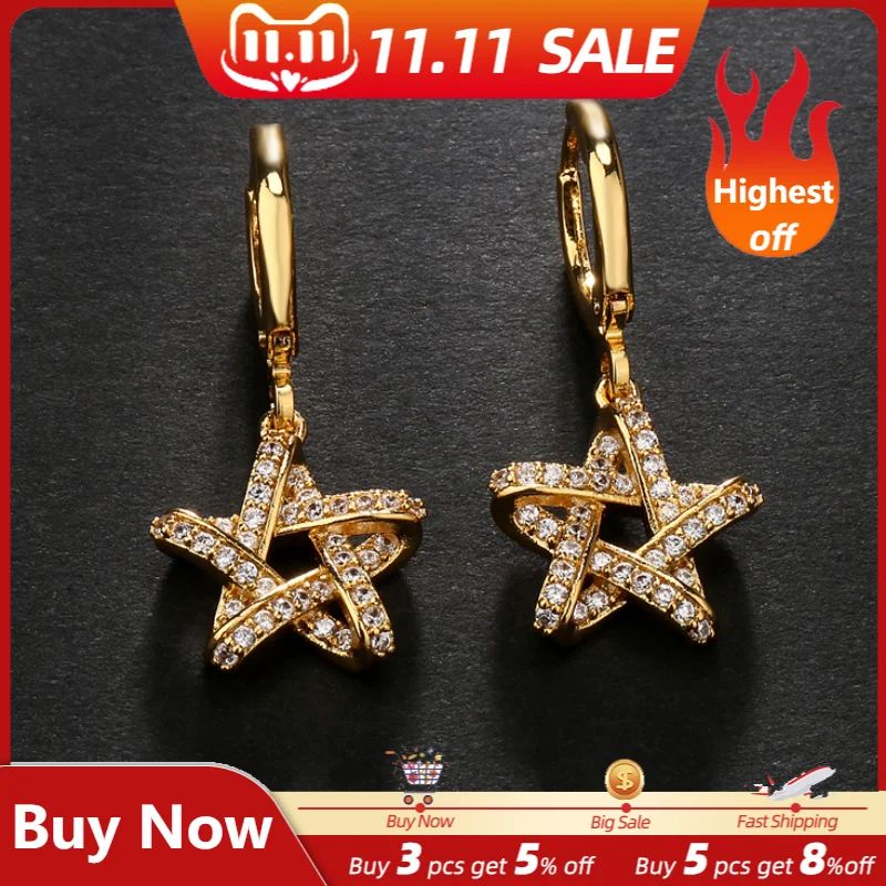 

JUNZI New Fashion Star Hoop Earrings Full Mirco Paved Zirconia Drop Earrings for Women Girls Gold Color Bridal Wedding Jewelry