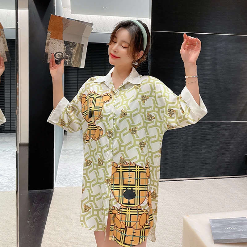 New ice silk couple pajamas Men's spring and summer simulation silk thin pajamas ladies sweet leopard print homewear suit