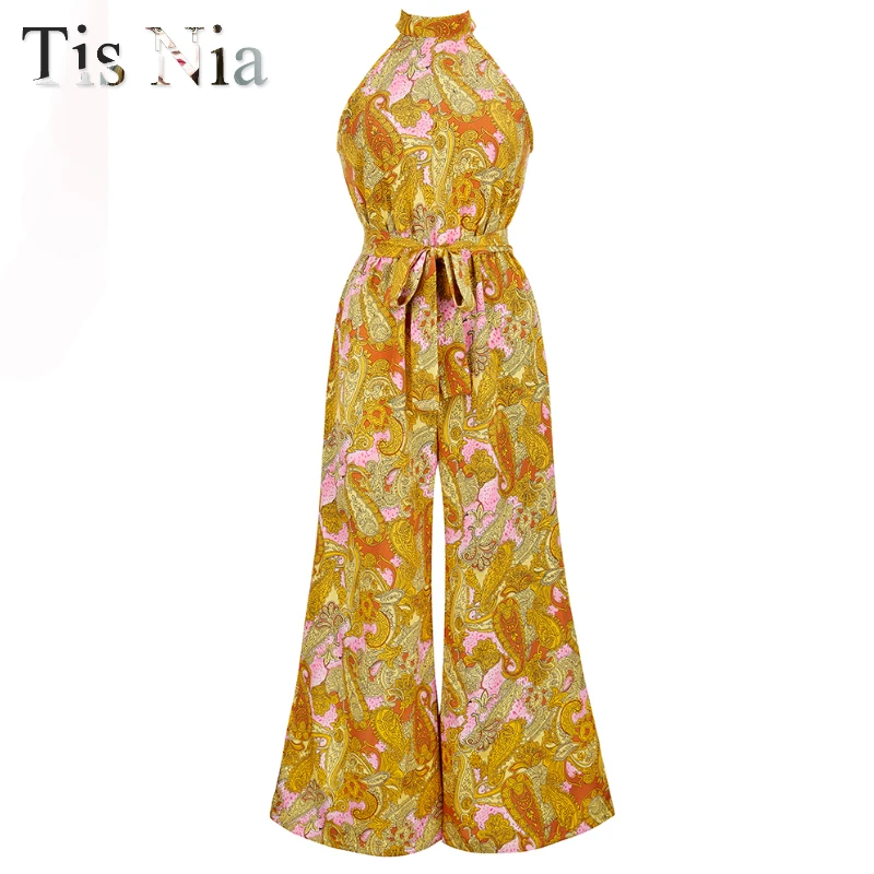 

Summer Print Loose Women's Casual Beach Jumpsuit Fashion Sleeveless Backless Wide Leg Pants Vacation Casual Streetwear Seven Col