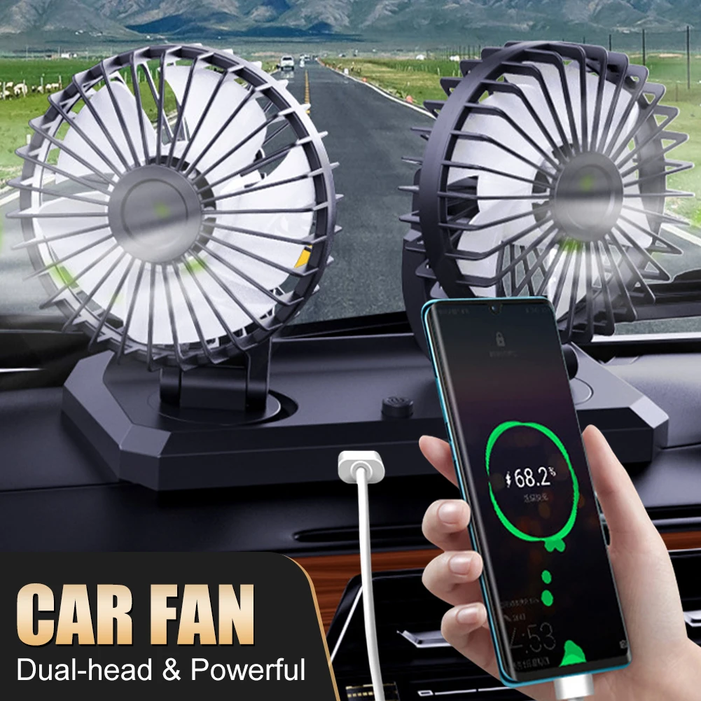 

Universal Car Fan Double-Head USB 5V or 12V/24V Car Cooling Fan 2-Speed Adjustable Angle with Dual USB Ports for Car Tuck SUV
