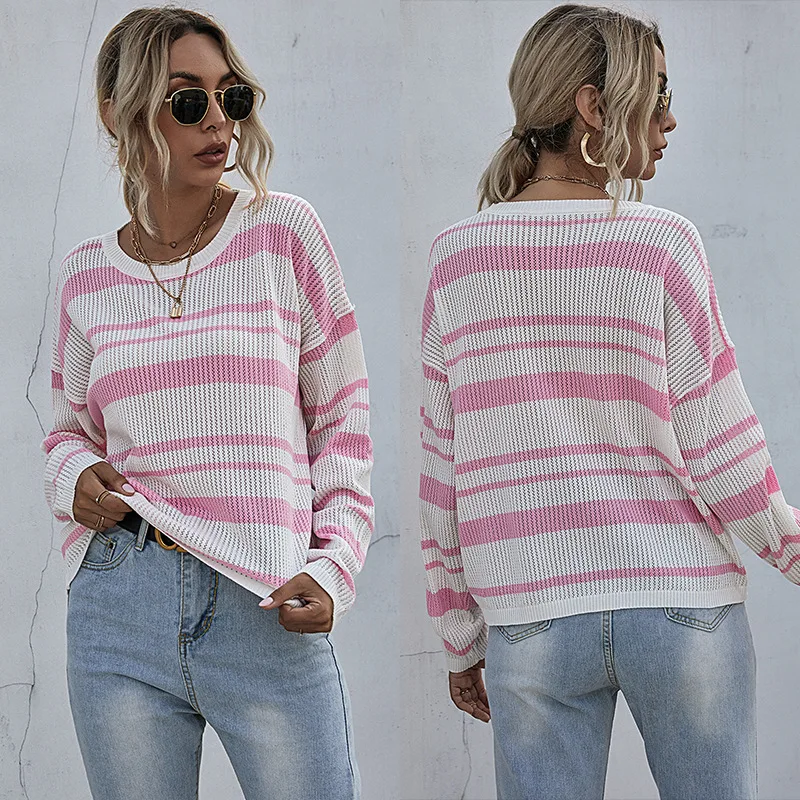 

Cotton Sweater 2021 Autumn European American Long-Sleeve Striped O-Neck Knitted Sweater Women's Thin Slim Ladies Pullover Truien