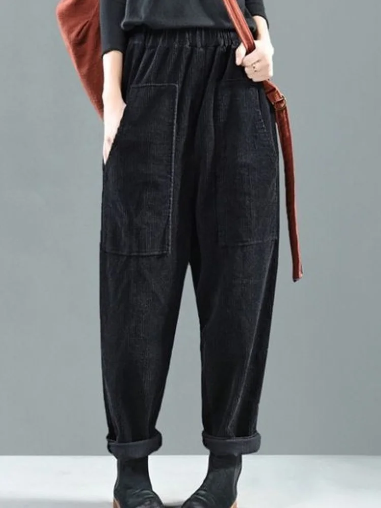 

2023 великолепные однотонные шаровары для легкого стиля вельветовые длинные женские брюки с эластичным поясом и карманами