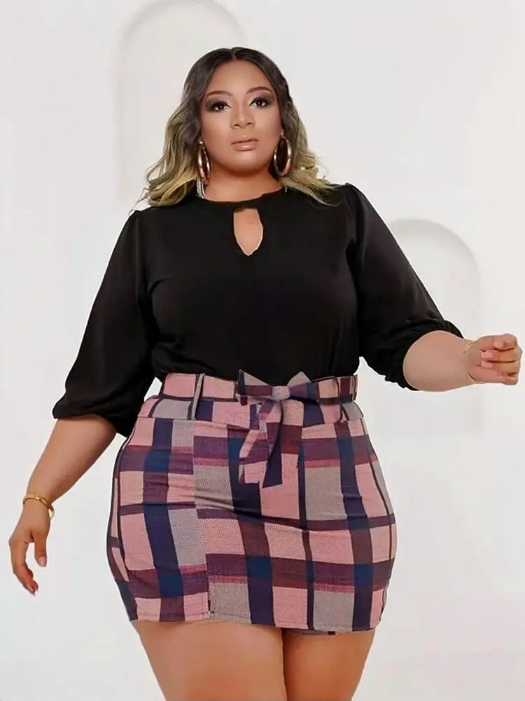 Plus Size Woman Clothing Knit Two Piece Set Long Sleeve Crop Lady Female Casual Sexy Plaid Skirt Set Wholesale Bulk Dropshipping