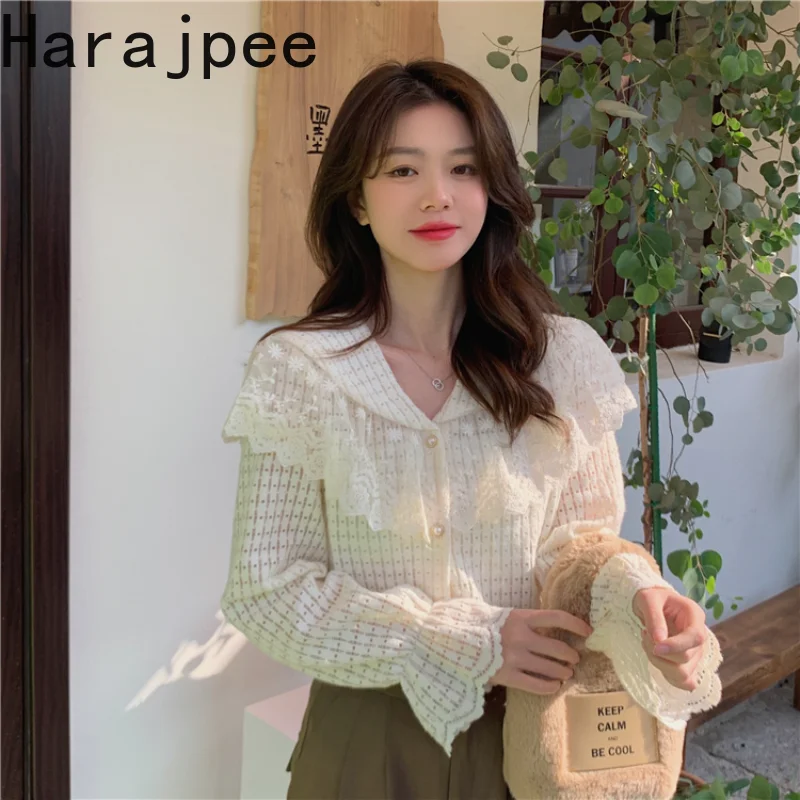 

Женская кружевная рубашка в стиле харадзпи, элегантная однобортная Корейская шикарная блузка во французском стиле с расклешенными рукавам...