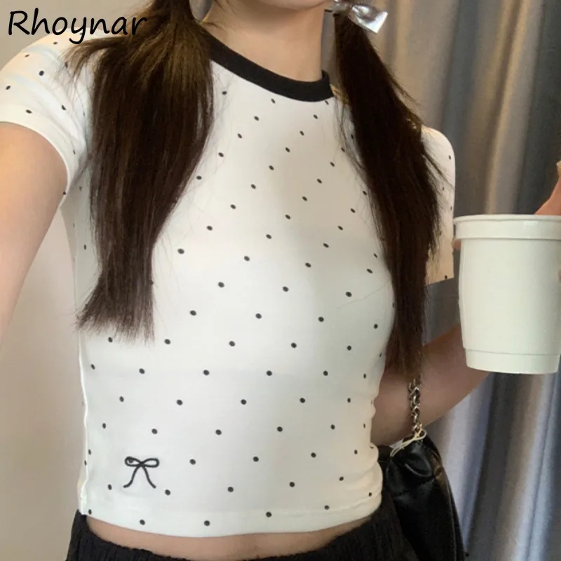 Футболки с принтом в горошек женские корейские модные облегающие укороченные