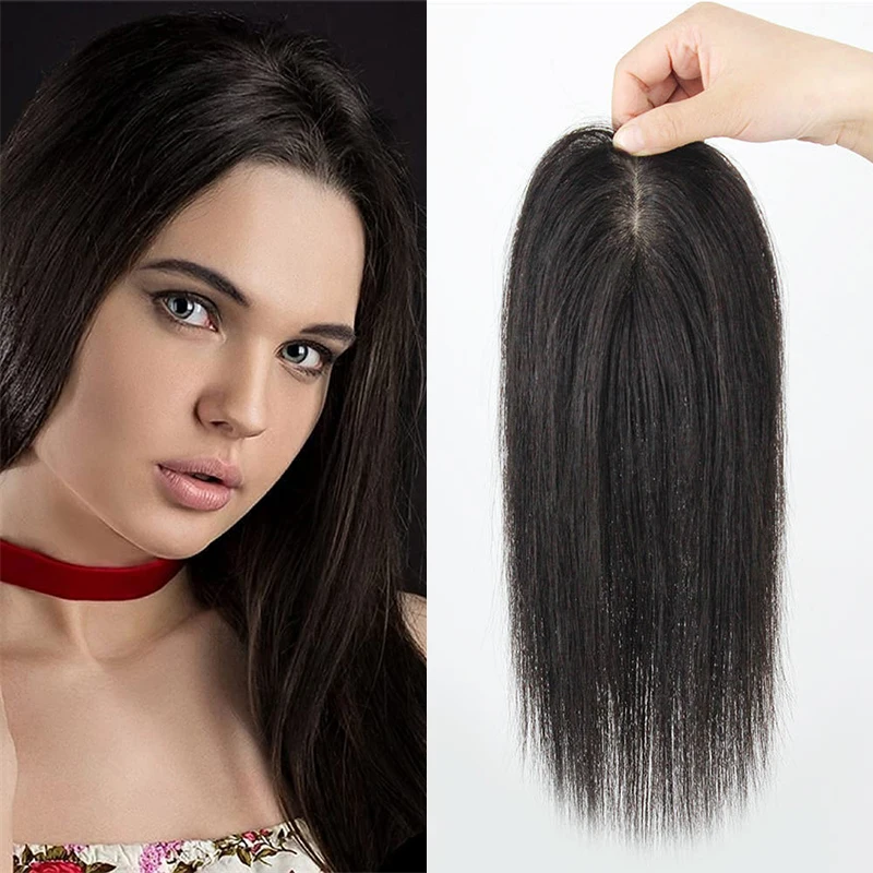 8x15cm Remy Hair Topper Straight Hair Natural Hairpiece Silk Top Extensions Human Hair Silk Base Toupee For Women