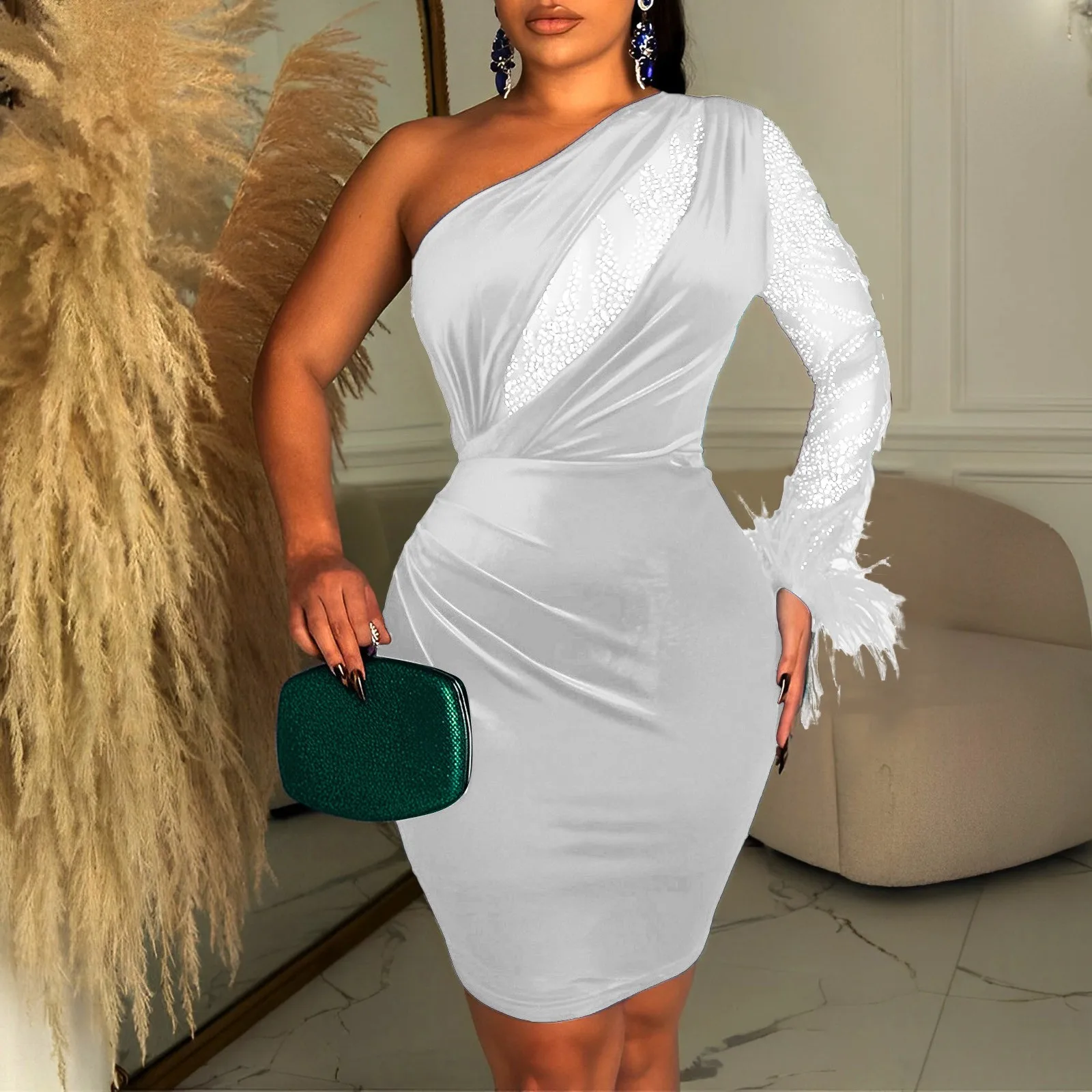 

Women's Mesh Stitching Gold Velvet Sexy Slant Shoulder Long Sleeved Wool Lace Hip Wrap Dress Women's Beach Dresses Casual