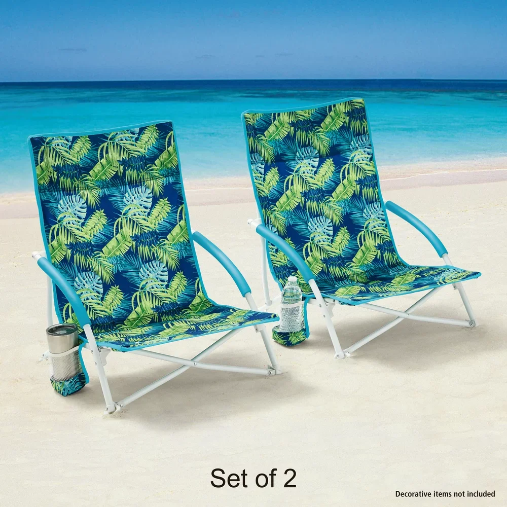 

2-Pack Folding Low Seat Soft Arm Beach Bag Chair with Carry Bag, Green Palm
