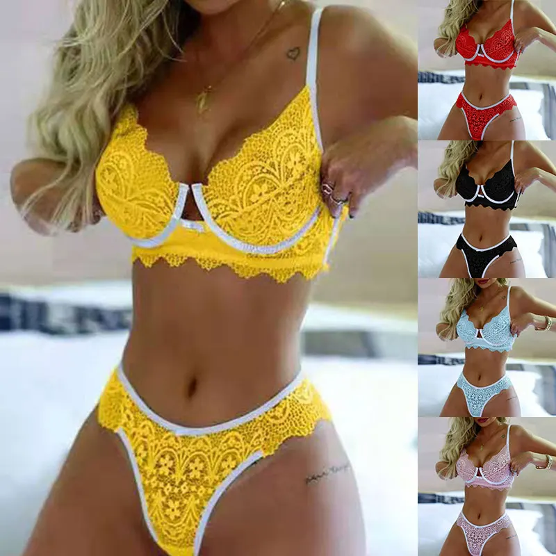 

Sexy Women Bra Set Lace Lingerie Nightwear Thong Female Lace-up Erotic Bra Panties Costumes Charming Patchwork Underwear