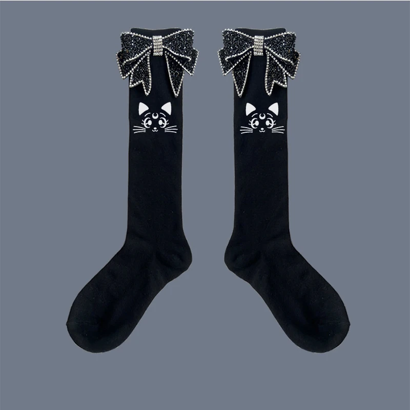 

Anime Cartoon Luna Cat Print Sequins Bowknot Girls Lolita Socks Japanese Style Jk Students Sexy Cute Stockings