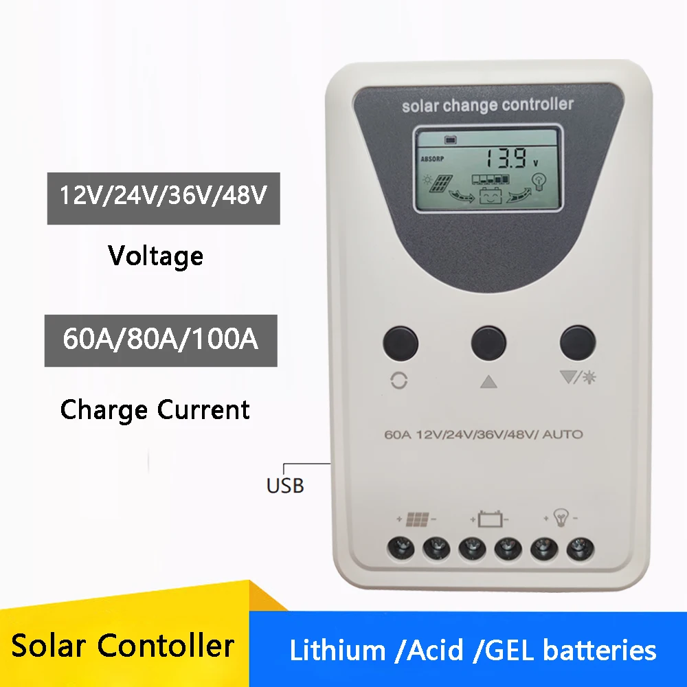 

12V/24V/36V/48V AUTO Solar Battery Charge Controller 60A 80A 100A Solar PV Regulators with LCD USB for Lead Acid Lithium Battery