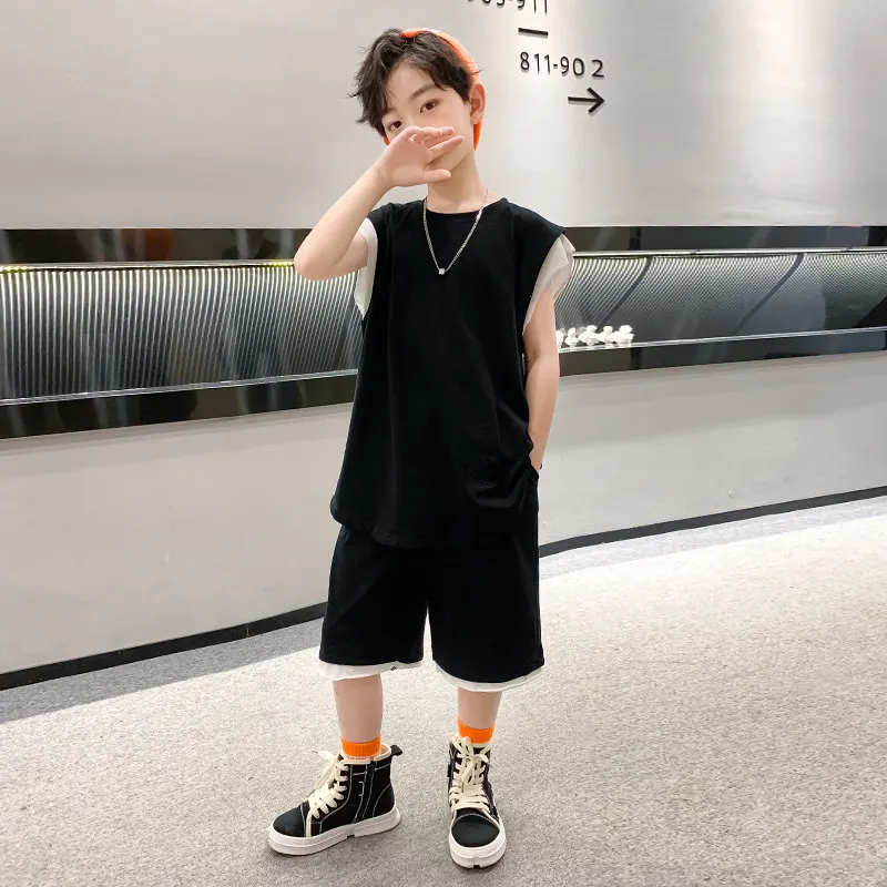 Boys Two Piece Summer Clothes Set Outfits Sleeveless T-shirt And Shorts 2022 New Big Boy Costumes for Kids Children Tracksuits