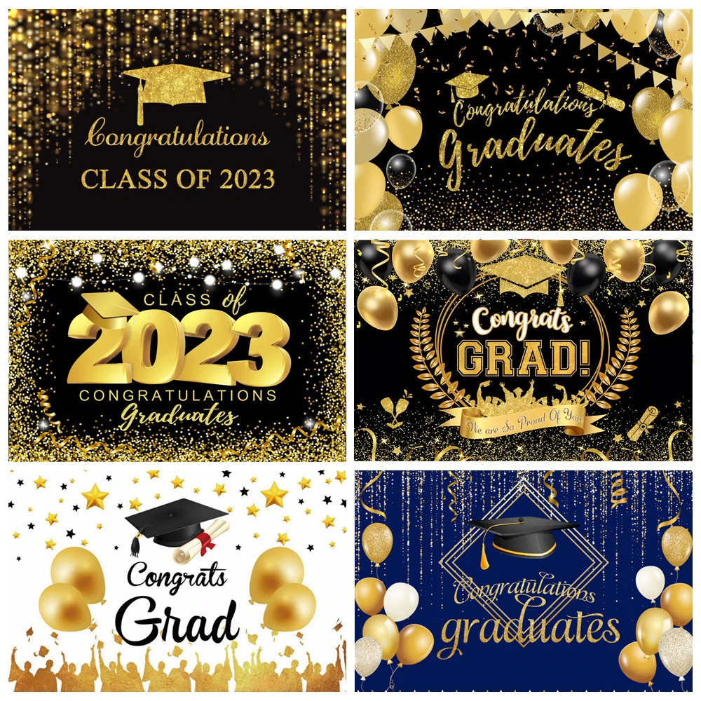 Congratulations 2023 Graduation Party Decor Poster Bachelor Cap Gold Balloon Polka Dot Black Photography Backdrop Background