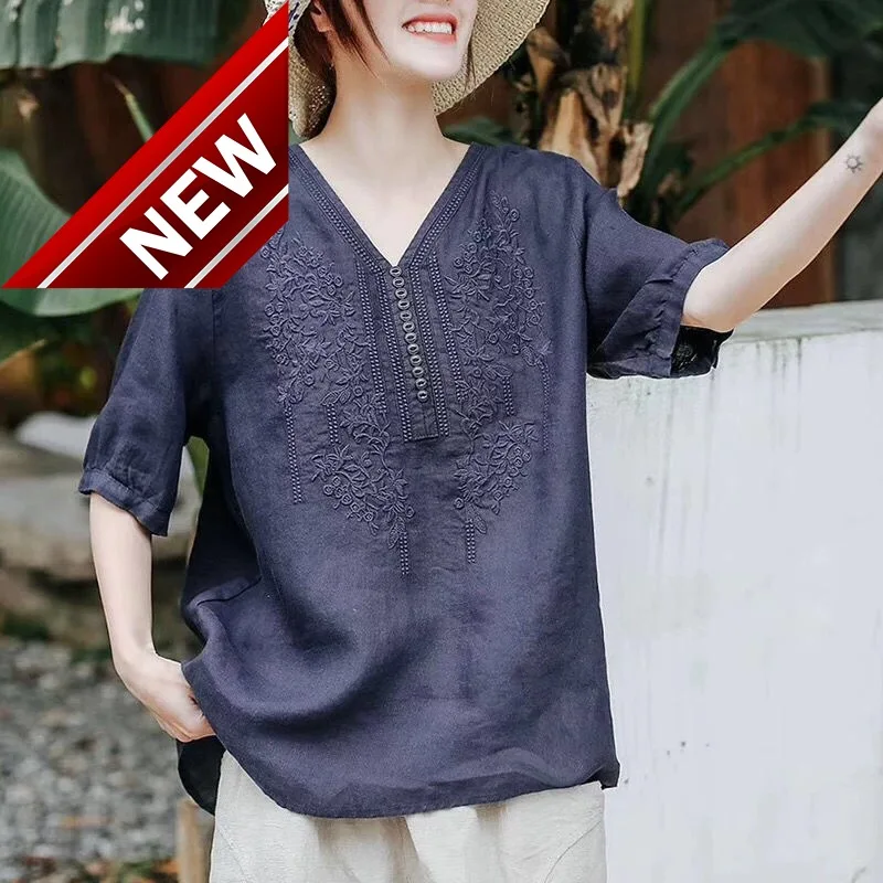 

И Женские топы, весна-лето, новинка, хлопковая льняная футболка с художественной вышивкой, блузка, элегантная свободная футболка с V-образны...