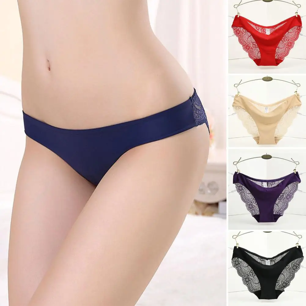

Women Panties Triangle Shape Low Waist Lace Stitching See-through Patchwork Thin High Elasticity Briefs for Inner Wear