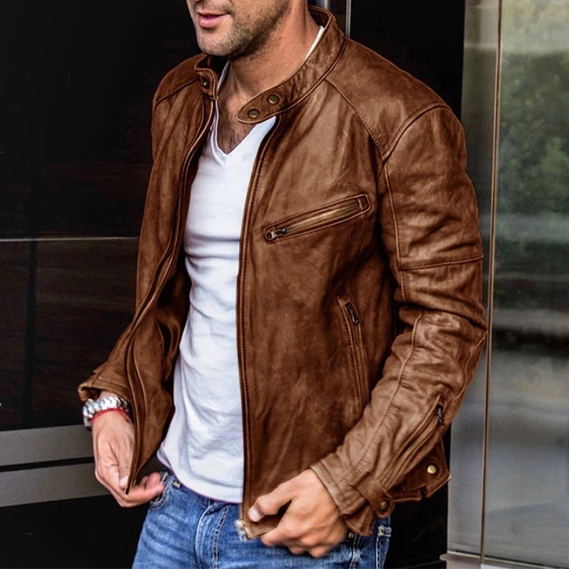 

Spring Men PU Leather Jackets Plus Size Autumn Faux Leather Coat Male Fashion PU Motorcycle Outwear Windbreaker Overcoat Biker