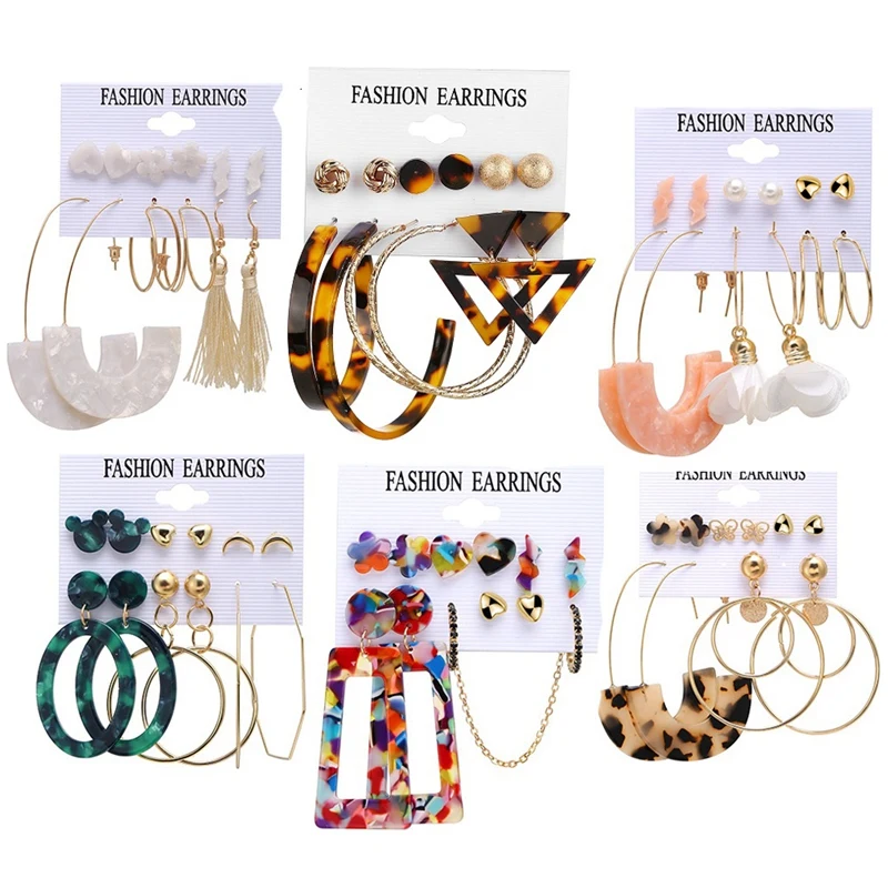 

Женские акриловые серьги-гвоздики, большие полимерные серьги-кольца, висячие, модные ювелирные украшения для девочек, 34 пары