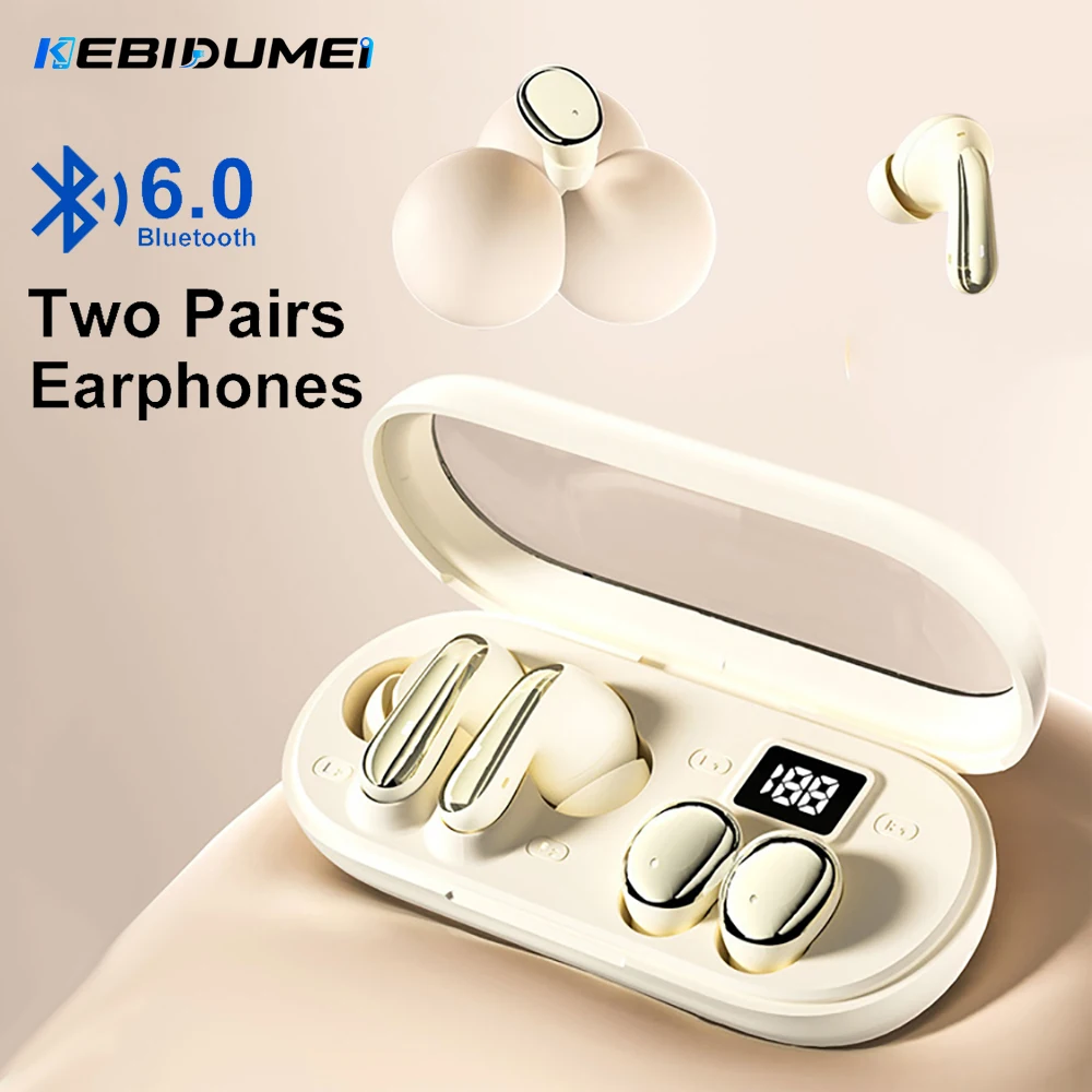 Фото KEBIDUMEI Bluetooth 6.0, 2 пары наушников-вкладышей, HIFI стереозвук, беспроводные наушники с низкой задержкой, игровые гарнитуры №1