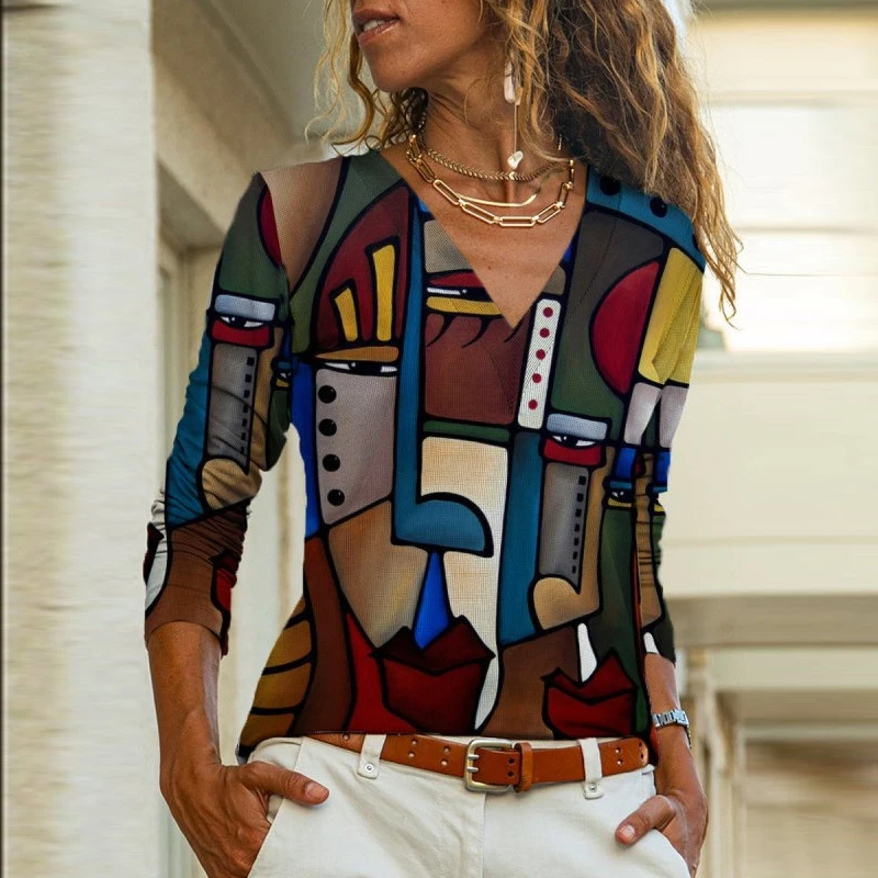 

Блузка женская демисезонная с V-образным вырезом, элегантный пуловер с винтажным абстрактным принтом, рубашка с длинным рукавом, Повседневн...