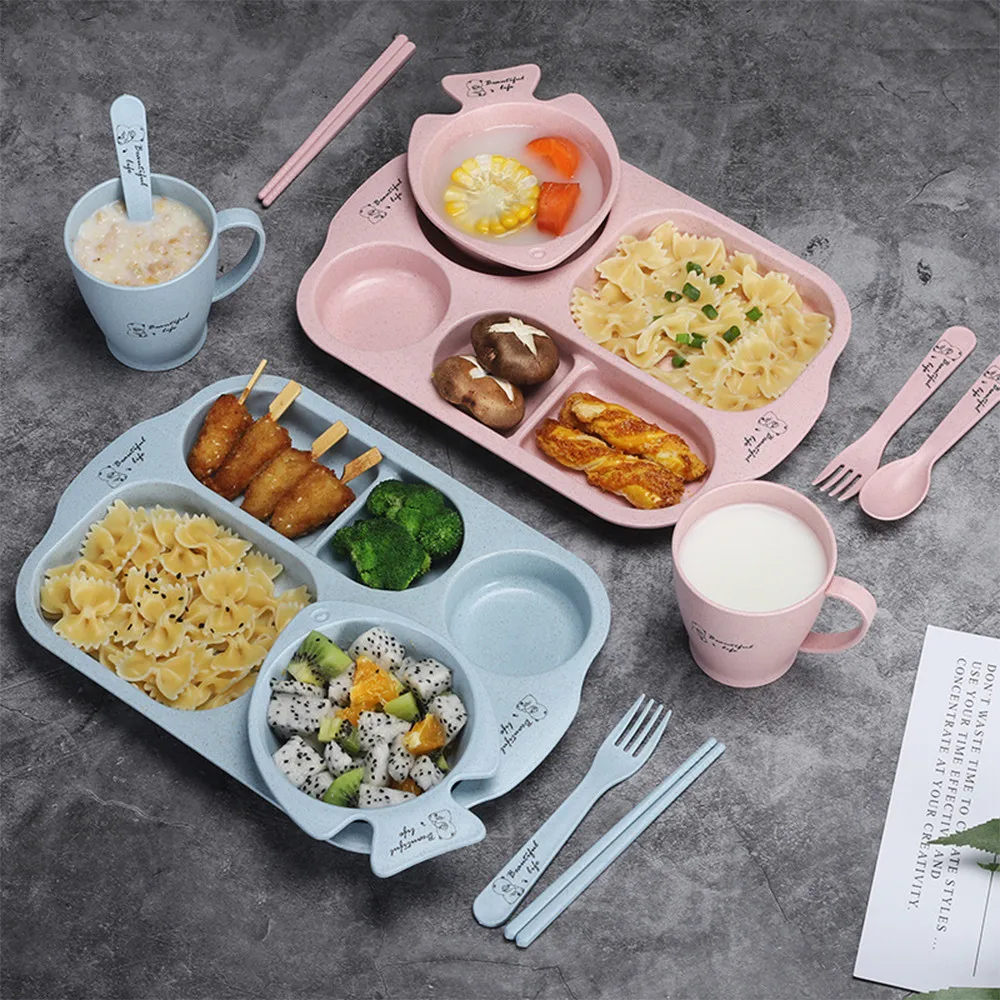 6Pcs/ Set Children Dinnerware Anti-hot Training Food Bowl Spoon Fork Children Baby Tableware Set Cartoon Plates Kid Dishes
